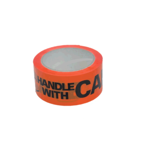 HANDLE WITH CARE Printed Messaging Tape - Black on Fluro Orange - 48mm x 66m - 50um | Qty: 6 Rolls